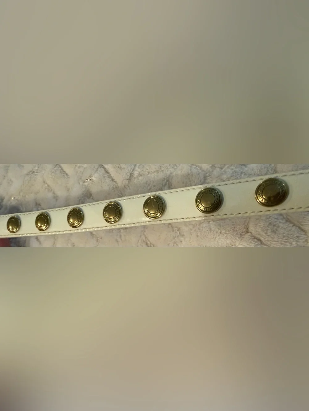 Coach White Patent Leather Vintage Skinny Belt Gold Stud Logo Accents sz S